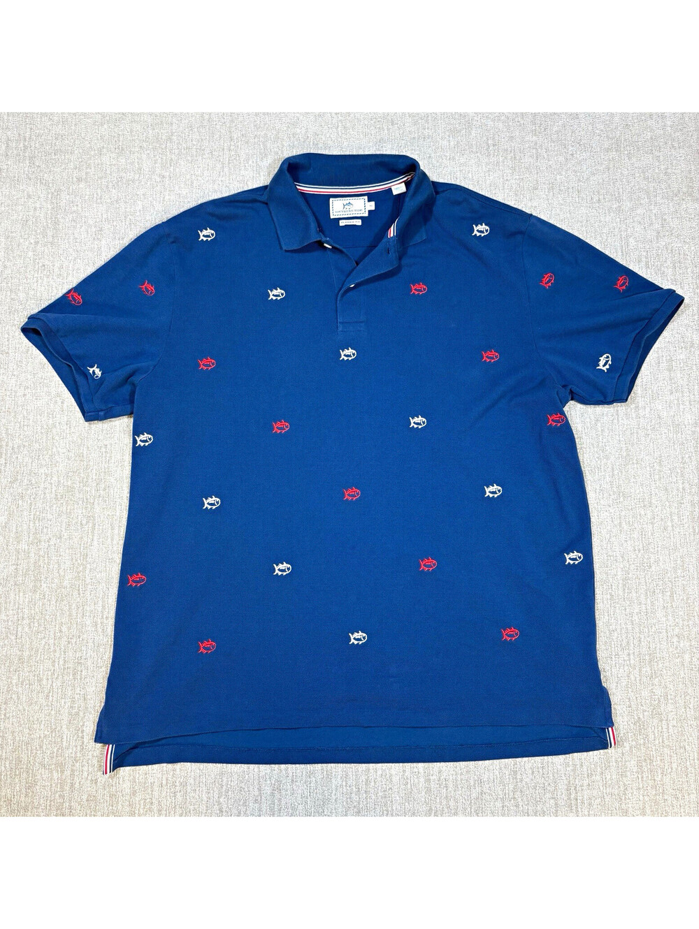 Southern Tide Mens XL Navy All Over Embroidered Skipjack Fish Polo Classic Fit